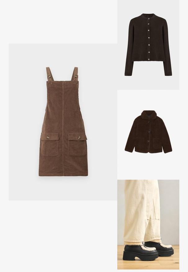Brun kunstpelsjakke med krave, frontknaplukning og to påsyede lommer. Texturet overflade, ingen synlige mønstre eller accenter.; Brun strikket cardigan med rund halsudskæring og lange ærmer. Har seks knapper i en kontrasterende lys farve ned langs forsiden.; Brun fløjl overallkjole med justerbare stropper, to forlommer og en centralseam. Struktureret stof med et blødt udseende.; Sorte platformstøvler med en rund tå, der har en fluffy cremefarvet krave og snøre detaljer, parret med løse beige bukser på et trægulv.