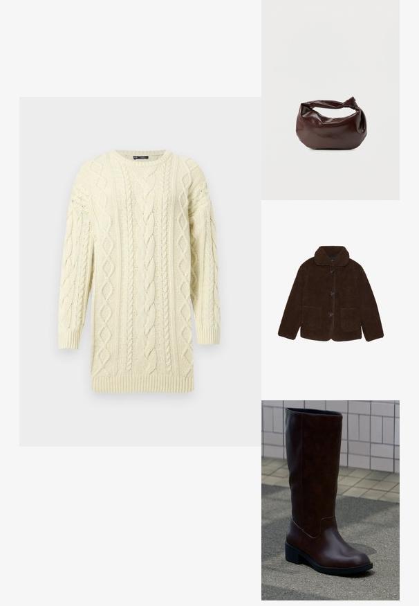 Veste en fausse fourrure marron avec un col, fermeture à boutons à l'avant et deux poches plaquées. Surface texturée, sans motifs ou accents visibles.; Pull en tricot couleur crème avec un motif torsadé, manches longues, poignets et ourlet côtelés, doté d'un col rond.; Botte en cuir marron foncé mi-mollet avec un bout arrondi et un petit talon bloc, posée sur le trottoir près d’un mur carrelé.; Sac bandoulière en cuir marron foncé avec une forme souple et décontractée et une anse nouée torsadée sur un fond blanc uni.