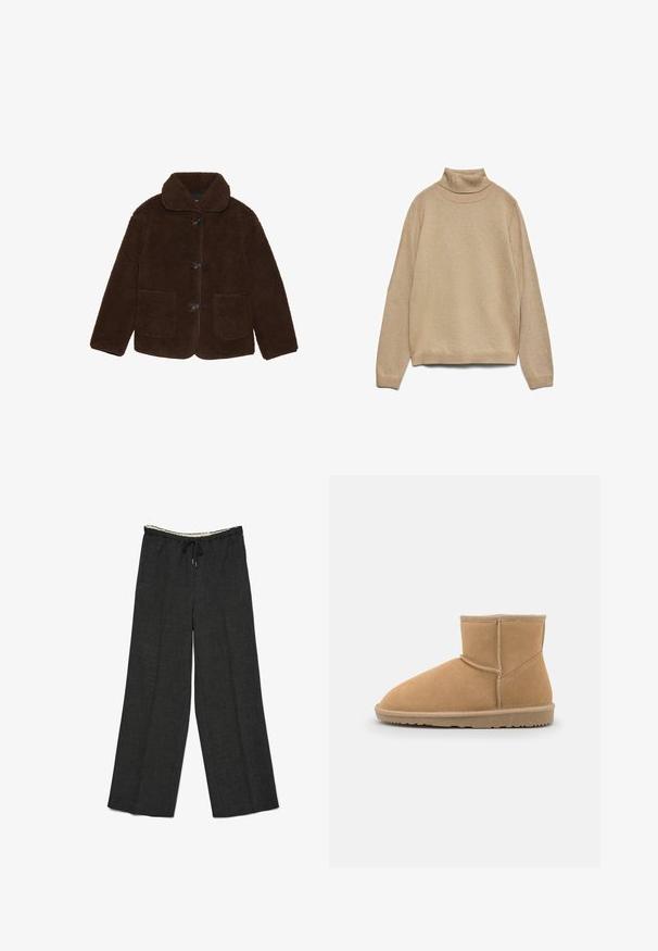 Bruine nepbontjas met een kraag, sluiting met knopen aan de voorkant en twee opgestikte zakken. Getextureerd oppervlak, geen zichtbare patronen of accenten.; Vero Moda VMHAPPYGLITTER - Trui - silver mink; Wijdvallende broek in donkergrijze stof met een textuurfinish. Voorzien van een elastische tailleband met een trekkoord voor een verstelbare pasvorm.; Tan nubuck enkellaars met een ronde neus en gewatteerde kraag, voorzien van contrasterende stiksels en een gestructureerde rubberen zool.