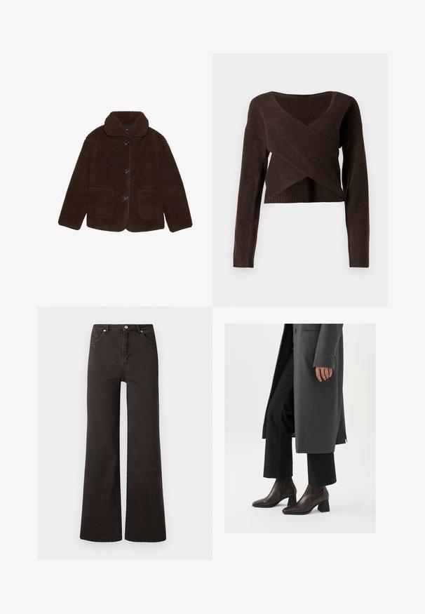 Veste en fausse fourrure marron avec un col, fermeture à boutons à l'avant et deux poches plaquées. Surface texturée, sans motifs ou accents visibles.; Pull court marron en matériau doux, avec un décolleté en V profond, des manches longues et un design en superposition à l'avant.; Jeans noirs à jambes larges en denim avec une taille haute, comportant cinq poches et une fermeture à bouton. Texture lisse, design minimaliste.; Bottines à talons hauts en cuir marron foncé avec un bout pointu et un talon carré, associées à un pantalon noir et un manteau gris.