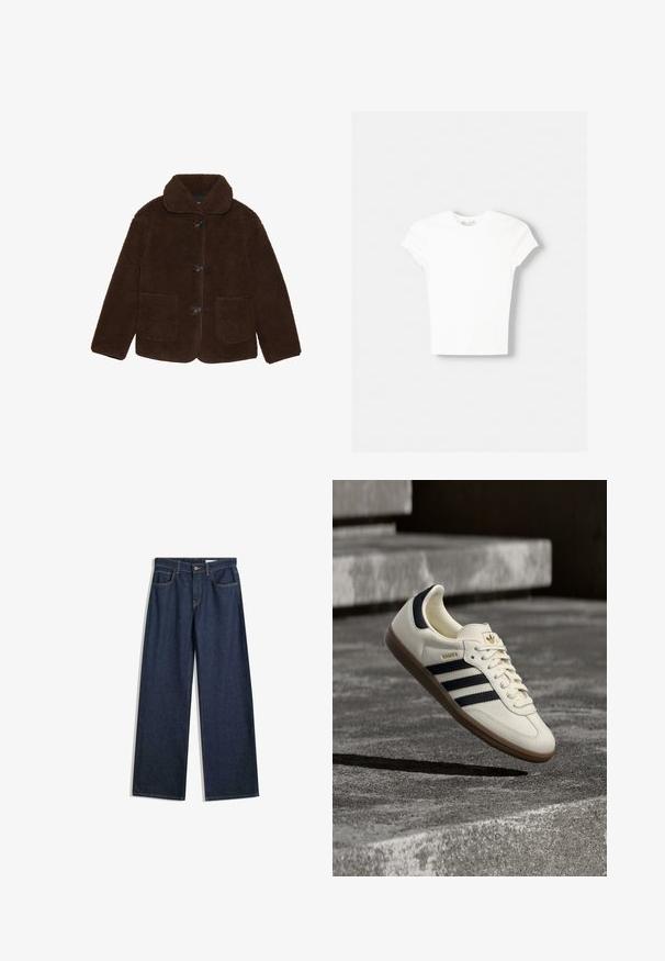 Brun kunstpelsjakke med krave, frontknaplukning og to påsyede lommer. Texturet overflade, ingen synlige mønstre eller accenter.; Hvid kortærmet t-shirt lavet af blød bomuld, med rund halsudskæring og en tætsiddende form. Ingen synlige mønstre eller udsmykninger.; Bredde ben mørke denimjeans med fem lommer, synlig syning og knaplukning. Har en lige pasform og let slid.; Hvid Adidas Samba sneaker med sorte striber og gummsål, svævende over teksturerede grå betonstrin.