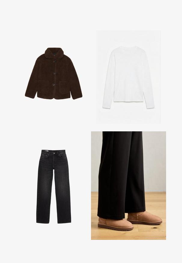 Brun kunstpelsjakke med krave, frontknaplukning og to påsyede lommer. Texturet overflade, ingen synlige mønstre eller accenter.; Helt hvid langærmet t-shirt med rund hals lagt fladt på en hvid overflade, der viser fronten og hele ærmelængden.; Sorte denimjeans med lige snit, der har en klassisk fem-lomme stil og knaplukning. Glat tekstur, minimal falming.; Brune ruskinds ankelstøvler med flad gummisål, rund tå og minimal syning, båret med sorte brede bukser på et trægulv.