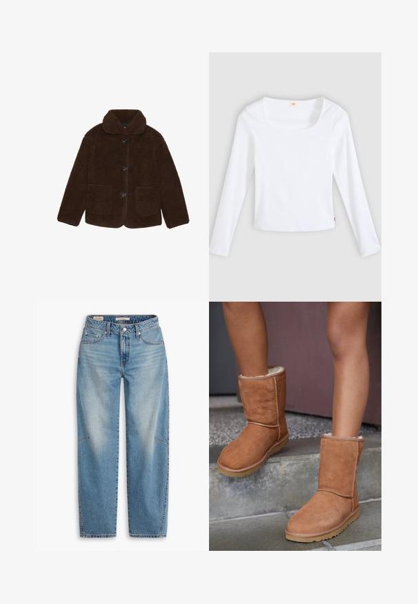 Brun kunstpelsjakke med krave, frontknaplukning og to påsyede lommer. Texturet overflade, ingen synlige mønstre eller accenter.; Hvid langærmet t-shirt lavet af ribstrikket stof, med firkantet halsudskæring og tætsiddende design, med en lille logotag i siden.; Lyseblå denimjeans med løs pasform, lige ben, knapgylp og fem-lomme-stil med subtile falme- og syningsdetaljer.; Brune ruskind ankelstøvler med rund tå, blødt foer og gummisål, der har synlige stikninger langs sømmene.