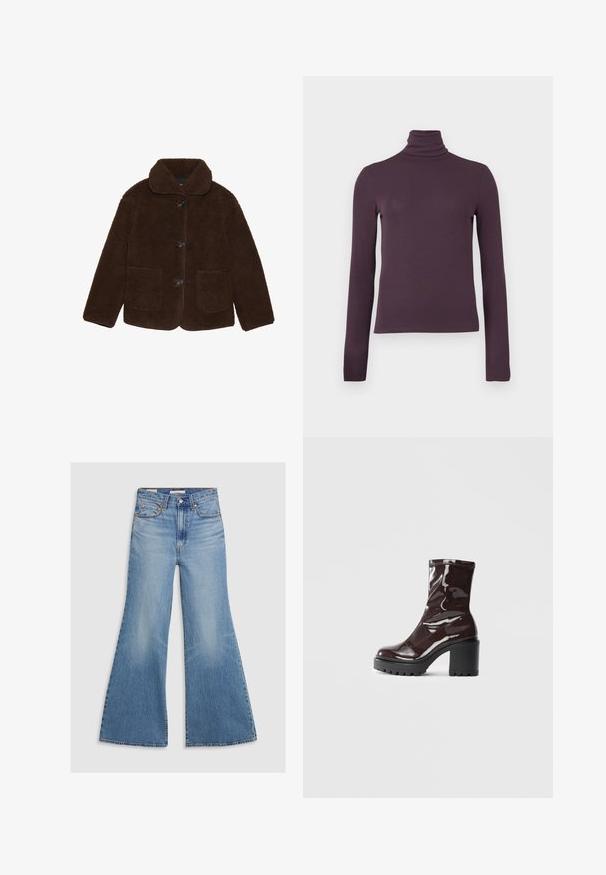 Brun kunstpelsjakke med krave, frontknaplukning og to påsyede lommer. Texturet overflade, ingen synlige mønstre eller accenter.; Langærmet turtleneck top i dyb lilla, lavet af et glat, tætsiddende stof med ribbet tekstur og en høj krave.; Lysvasket denim flared jeans med høj talje, frontlommer og bronze hardware. Stoffet har en falmet tekstur med en glat finish.; Glatte burgunder ankelstøvler med en chunky sort hæl, der har en glat tekstur og et simpelt design. Ingen synlige lukninger eller mønstre.