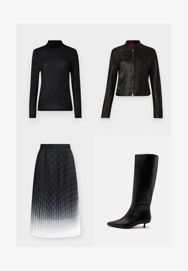 Veste en cuir noir avec col montant et fermeture éclair frontale. Texture lisse, manches longues et coupe courte.; Haut turtleneck noir à manches longues en tissu lisse et léger. Présente un design ajusté avec un col haut et sans motifs.; Jupe plissée ombrée noir et blanc avec un motif floral subtil épars et une ceinture noire unie.; Botte noire en cuir jusqu'au genou avec bout pointu et petit talon kitten sur un fond clair uni.