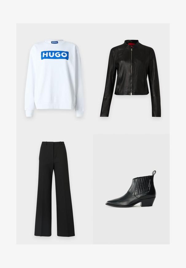 Veste en cuir noir avec col montant et fermeture éclair frontale. Texture lisse, manches longues et coupe courte.; Sweatshirt blanc en mélange de coton avec un logo "HUGO" bleu sur le devant, encolure ras du cou et finitions côtelées aux poignets et à l'ourlet.; Pantalons black à jambes larges avec un design sur mesure, présentant une texture lisse et de subtils plis à l'avant. Pas de garnitures ou de motifs visibles.; Bottine en cuir noir avec un bout pointu, panneau latéral matelassé et un talon bloc bas. Marquage discret sur le côté.
