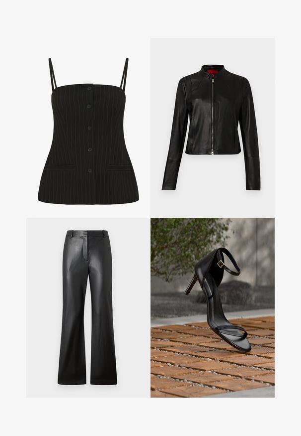 Veste en cuir noir avec col montant et fermeture éclair frontale. Texture lisse, manches longues et coupe courte.; Haut noir à rayures avec de fines bretelles, comportant un bouton à l'avant et deux poches latérales, fabriqué à partir d'un tissu lisse.; Pantalons en cuir noir avec une texture lisse, design à jambes larges et une taille mi-haute dotée de passants de ceinture et de poches avant.; Sandale noire à talon haut avec sangle à la cheville, suspendue au-dessus d'un sol en carreaux de bois à l'extérieur, avec un arrière-plan flou de verdure et de pierre.