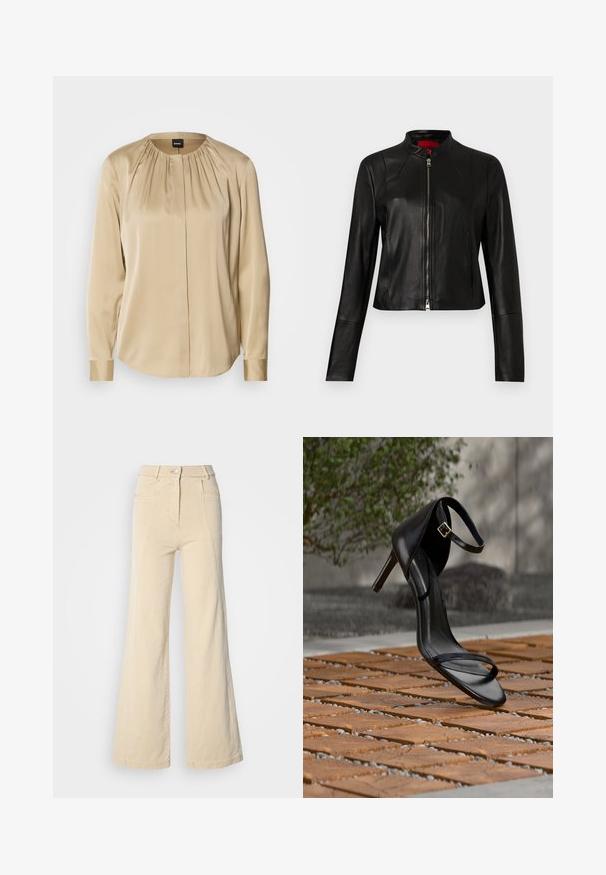 Sort læderjakke med ståkrave og lynlåslukning foran. Glat tekstur med lange ærmer og et kort snit.; Langærmet skjorte i beige satin med rund halsudskæring, plisseringer foran og knap på ærmerne. Glat tekstur med en afslappet pasform.; Beige vidde jeans med høj talje, forlommer og kontrasterende syninger, udstyret med en knaplukning og en glat bomuldsstruktur.; Sort højhælet sandal med ankelsnor, der ser ud til at svæve over et trægulv udendørs med sløret grønt og sten i baggrunden.