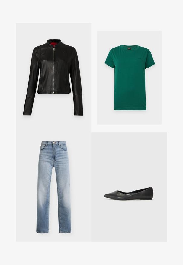 Zwarte leren jas met een opstaande kraag en een ritssluiting aan de voorkant. Soepele textuur met lange mouwen en een cropped ontwerp.; Groen T-shirt met korte mouwen en ronde hals, met klein geperst "BOSS"-logo op de linkerborst en een zwart label in de kraag.; Lichtblauwe, hoog getailleerde rechte jeans met voorzakken, riemlussen en een knoop-ritssluiting.; Zwarte leren ballerina met een spitse neus, lage hak en een gladde structuur. Minimalistisch ontwerp met een subtiele zijaccent.
