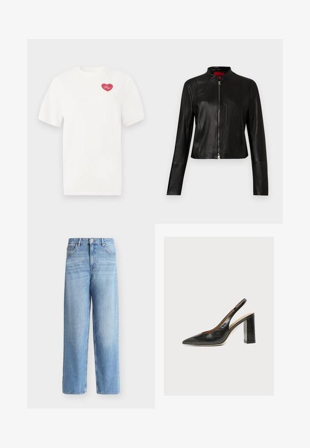 Sort læderjakke med ståkrave og lynlåslukning foran. Glat tekstur med lange ærmer og et kort snit.; Hvid bomulds t-shirt med et rosa hjerteformet grafisk design med ordet "Hugs" i kursiv. Korte ærmer og afslappet pasform.; Lyseblå jeans med høj talje og lige ben, forfra lukket med knapper og lynlås, bæltestropper og forlommer på hvid baggrund.; Sort dameslingback pumpe i læder med spids tå og tyk høj blokhæl på hvid baggrund.