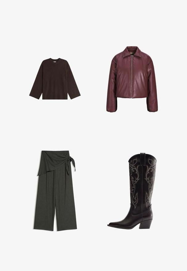Bourgogne kort læderjakke med frontlynlås, bred krave og lange ærmer med elastiske manchetter.; Brun strikket sweater med rund hals, drop shoulder-design og rib strik ved kanten og manchetterne, lavet af blødt stof og med en afslappet pasform.; Mørkegrå bredbenede bukser med nålestriber, asymmetrisk omslagsdetalje og sidesløjfe i taljen.; Sort læder cowboystøvle med spids tå, broderede dekorative mønstre og stablet blokhæe.