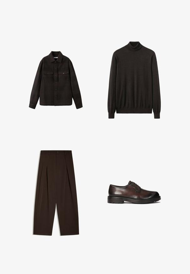 Veste chemise à carreaux marron en tissu à texture douce, dotée d'un col pointu, d'une fermeture à boutons et de deux poches poitrine.; Pull à col roulé marron foncé en matière tricotée douce. Présente des manches longues et un col côtelé ajusté. Design simple et classique.; Pantalon large marron foncé taille haute avec plis devant, passants pour ceinture, fermeture par bouton et ourlets nets.; Chaussure habillée en cuir marron, à la finition lisse, au bout rond et au laçage. Équipée d'une semelle en caoutchouc noir robuste avec une bonne traction.