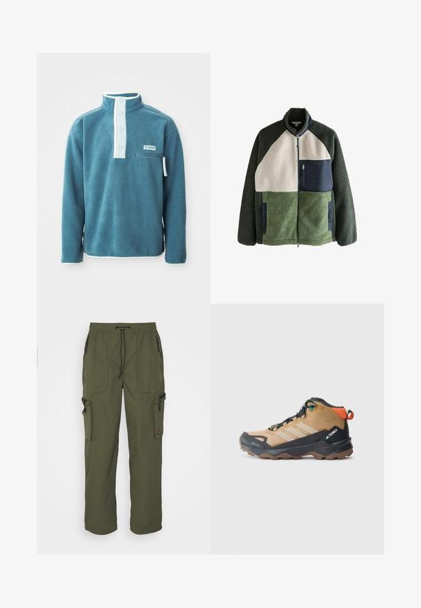 Fleecejakke med grønne og cremefarvede paneler, høj krave, lynlåslukning og en marineblå brystlomme. Tekstureret stof.; Teal fleece pullover med høj krave, front med fire knapper og en lynlåslomme på brystet. Har hvid kant langs kraven og ærmerne.; Oliven grøn cargo bukser lavet af let materiale, med elastisk talje, snorelukning og flere lynlåslommer.; Brune og sorte vandrestøvler med mesh-paneler, tre hvide striber, en forstærket tå og en tekstureret gummisål for godt greb.