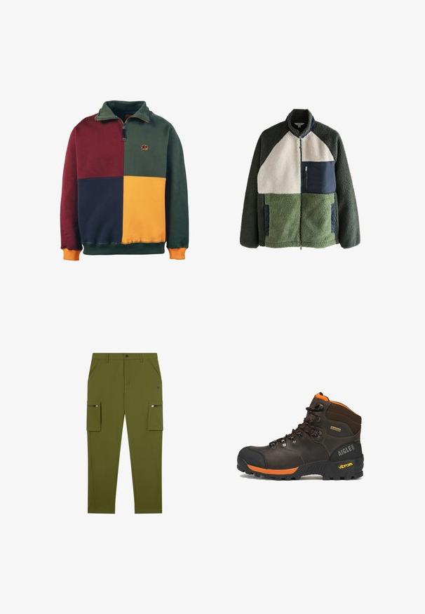 Fleecejacke mit grünen und cremefarbenen Paneelen, einem hohen Kragen, Reißverschluss und einer marineblauen Brusttasche. Strukturierter Stoff.; Blockfarbener Sweatshirt mit Abschnitten in Grün, Burgunderrot, Marineblau und Senfgelb. Reißverschlusskragen-Design mit einem Elefantenlogo auf der Brust. Weicher Stoff.; Olivgrüne Cargo-Shorts mit geradem Schnitt, aus leichtem Material; mit seitlichen Taschen mit Reißverschlüssen und schrägen Vordertaschen.; Brauner Leder-Wanderschuh mit schwarzen und orangefarbenen Akzenten, schwarzen Schnürsenkeln, Vibram-Sohle, Gore-Tex-Label und Aigle 1853 Logo an der Ferse.