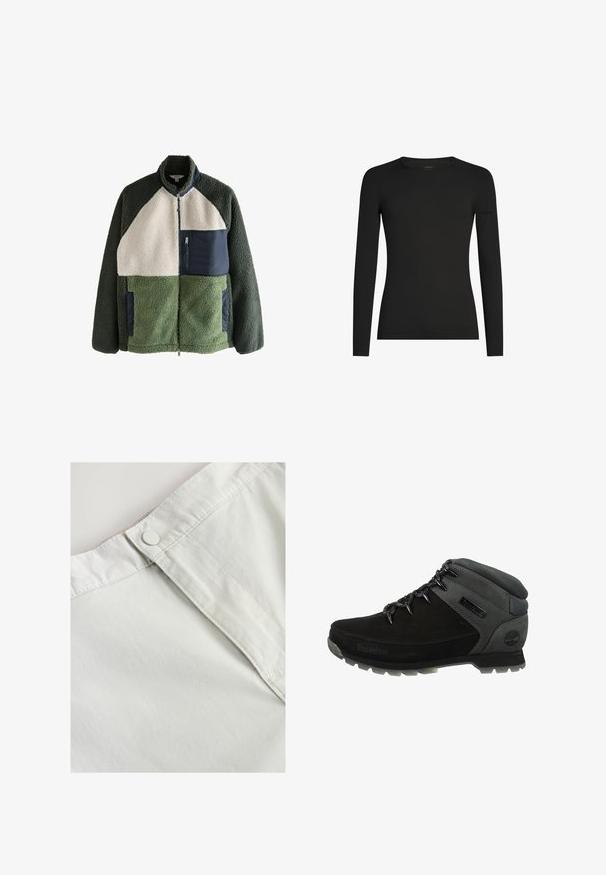 Fleecejacke mit grünen und cremefarbenen Paneelen, einem hohen Kragen, Reißverschluss und einer marineblauen Brusttasche. Strukturierter Stoff.; Schwarzes, langärmeliges, figurbetontes T-Shirt mit Rundhalsausschnitt und dezentem Icebreaker-Logo auf dem linken Ärmel, dargestellt vor weißem Hintergrund.; Weißer Baumwollstoff mit einem Knopfverschluss in der Taille, versehen mit feiner Textur und genähten Details entlang der Nähte.; Schwarze Wanderschuhe mit grauen synthetischen Akzenten, gepolstertem Kragen und Schnürdesign. Texturiertes Obermaterial mit Logodetail an der Seite.