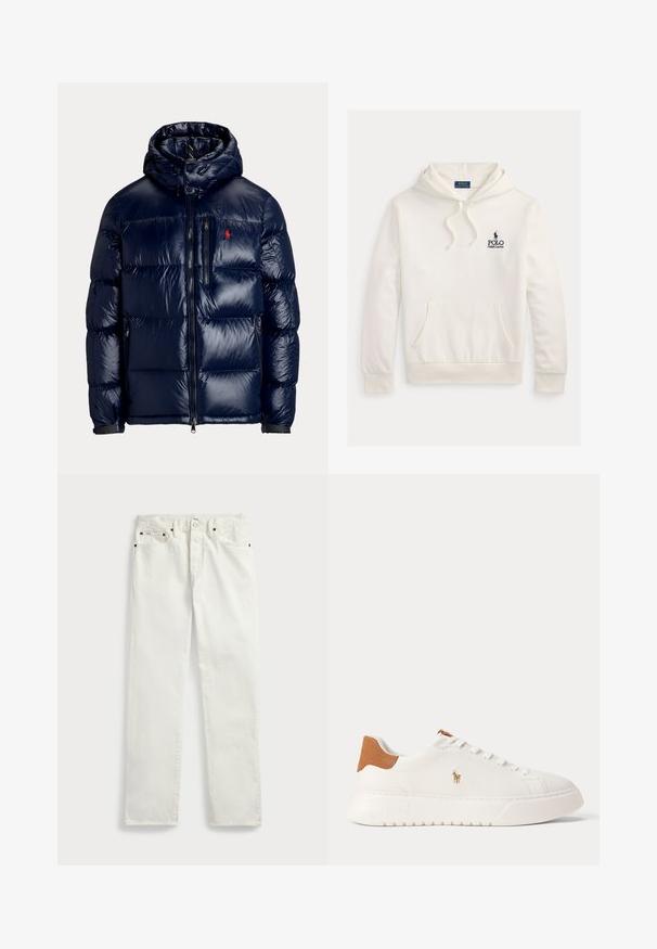 Glanzende navy blauwe donsjas met capuchon, ritssluiting aan de voorkant, borstzak, zijzakken en klein rood geborduurd logo op de borst.; Witte Polo Ralph Lauren hoodie met een buidelzak aan de voorkant, een capuchon met trekkoord en een marineblauwe logotekst met ruiter- en paardenembleem op de borst.; Witte denimjeans met een rechte pasvorm, voorzien van vijf zakken, metalen knopen en stiksels langs de naden. Gladde textuur.; Witte lage sneaker met beige hieltab, witte veters en klein geborduurd polo spelerlogo aan de zijkant boven een dikke zool.