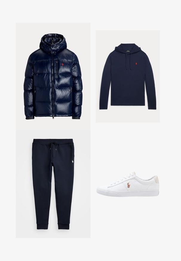 Glanzende navy blauwe donsjas met capuchon, ritssluiting aan de voorkant, borstzak, zijzakken en klein rood geborduurd logo op de borst.; Marineblauwe hoodie met lange mouwen, verstelbare trekkoorden en een klein rood geborduurd Polo Ralph Lauren-logo op de linkerbovenkant van de borst.; Marineblauwe joggingbroek met trekkoord in de taille, zijzakken, geribbelde enkels en klein wit paardenlogo op de rechterdij.; Witte canvas sneakers met een laag ontwerp, featuring een beige hieltab en een klein geborduurd logo aan de zijkant. Rubber zool.
