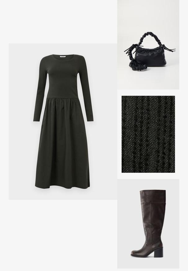 Tejido texturizado de espiga negro con un patrón sutil. El material parece tejido, mostrando finas líneas verticales y diagonales.; Vestido de manga larga, de color verde oscuro, con un cuerpo ajustado y una falda recogida y fluida. Confeccionado con una tela de textura suave. Escote redondo.; Bota de cuero marrón hasta la rodilla con puntera redonda y tacón apilado. Presenta una textura suave y detalle de costura lateral.; Bolso de mano de imitación cuero negro con textura de cocodrilo, parte superior fruncida y correa arrugada. Presenta un diseño suave y compacto.