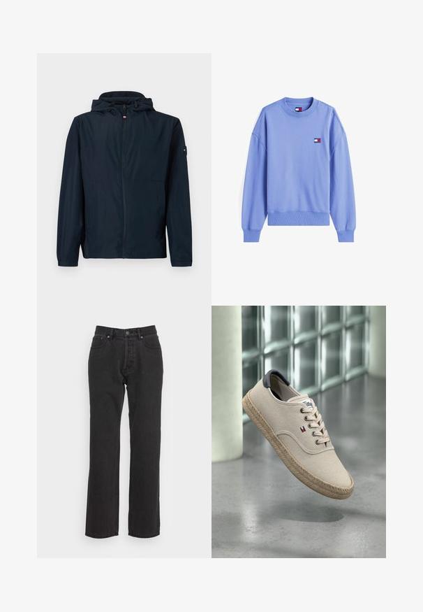 Marineblaue, leichte Jacke mit Kapuze, Frontreißverschluss, zwei seitlichen Taschen, elastischen Bündchen und einem Logoaufnäher am Ärmel.; Hellblauer Pullover mit geripptem Rundhalsausschnitt, überschnittenen Schulternähten und einem kleinen Logo-Patch in den Farben Rot, Weiß und Blau.; Schwarze Jeans aus Denim mit geradem Bein, ausgestattet mit einem vorderen Knopfverschluss, Gürtelschlaufen und zwei Seitentaschen. Strukturiertes Material.; Beiger Canvas-Turnschuh mit seilartig strukturierter Sohle und kleinem Flaggenlogo, vor einem verschwommenen Hintergrund aus moderner Glasbausteinwand dargestellt.
