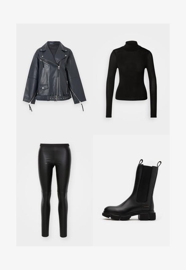 Sort motorcykellæderjakke med sølvfarvede lynlåse, trykknapper, asymmetrisk frontlynlås, bælte i taljen og lynlåse ved ærmekanterne.; Sort turtleneck top lavet af et letvægts, strækbart materiale. Har lange ærmer og en tætsiddende silhuet uden synlige sømme.; Sorte leggings lavet af glat, strækbart materiale med en høj talje. Tætsiddende design, sømløs konstruktion, og ingen synlige lommer.; Sort læder ankelstøvle med elastiske sidepaneler, chunky gummisål og trækstropper. Inkluderer diskret branding præget på siden.