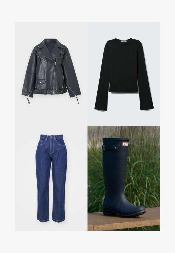 Zwarte leren motorjas met zilverkleurige ritsen, drukknoopsluitingen, asymmetrische voorrits, tailleband met ceintuur en geritste manchetten aan de mouwen.; Zwart shirt met lange mouwen en ronde hals, met een aansluitende pasvorm en licht uitlopende mouwen, voorzien van een "Weekday" merklabel bij de halslijn.; Donkerblauwe denim jeans met een hoge taille, rechte pijpen, vijf zakken en contrasterende stiksels. Klassiek design met een soepele textuur.; Marine rubber regenlaars met een ronde neus, gestructureerd oppervlak, verstelbare gesp detail en Hunter logo nabij de bovenkant. Stabiele profielzool.