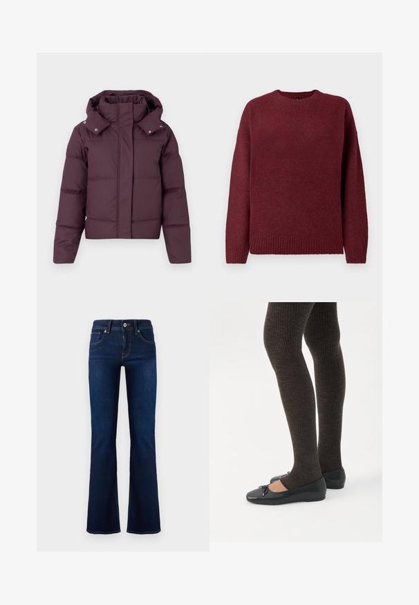 Kort polstret jakke i mørk blomme med høj krave, aftagelig hætte, lange ærmer og skjult frontlukning.; Bordeaux sweater med rund halsudskæring, lange ærmer, ribbet kant og manchetter, lavet af blødt, struktureret stof der er velegnet til lag-på-lag.; Mørkeblå denim flared jeans med en mid-rise talje, forlommer og kontrasterende syninger. Har metalknaplukning og bæltestropper.; Ben iført mørke ribbede leggings kombineret med sorte balletsko med små sløjfedetaljer på hvid baggrund.