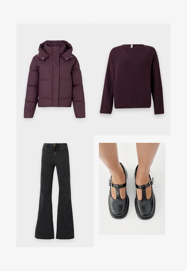 Kort polstret jakke i mørk blomme med høj krave, aftagelig hætte, lange ærmer og skjult frontlukning.; V-hals sweater i mørkeblå, lavet af blødt, tekstureret stof. Har lange ærmer og ribstrikkede kanter ved ærmer og nederkant.; Sorte flare jeans lavet af denim, med høj talje, forlommer og synlige sømme. Glat tekstur med en let glans.; Sorte lædersko med T-rem-design, lukket tå og sølvfarvede spændeaccenter. Glat tekstur med rundet tå og flad sål.