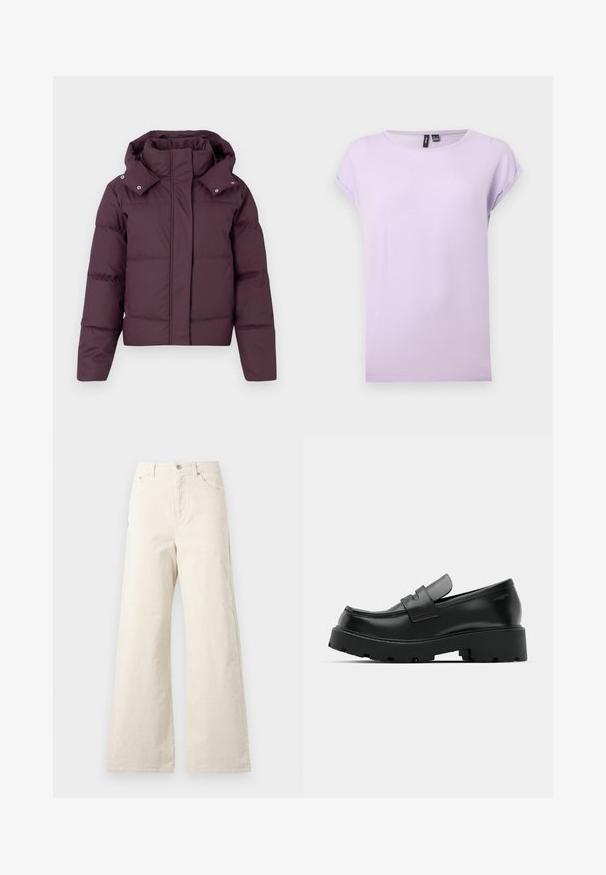 Chaqueta corta acolchada en ciruela oscura con cuello alto, capucha desmontable, mangas largas y cierre delantero oculto.; Camiseta lavanda de manga corta con cuello redondo y puños enrollados, mostrada sobre un fondo blanco liso.; Pantalones de pernera ancha beige, hechos de algodón, con cierre de botón en la parte frontal, bolsillos laterales y una textura suave. Diseño minimalista sin patrones.; Mocasines de cuero negro con suela gruesa y texturizada, que presentan una correa sobre el empeine y un acabado suave y pulido.