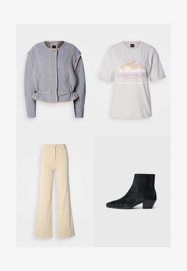 Veste grise matelassée avec texture florale, piping beige, encolure ronde et léger froncé à la taille. Comprend des manches longues et une fermeture à l'avant.; T-shirt en coton gris clair à manches courtes, avec un graphisme de montagne et du texte en violet et beige. Encolure ronde, coupe décontractée.; Jeans beige à jambes larges avec taille haute, poches avant, et couture contrastée, dotés d'une fermeture à bouton et d'une texture en coton lisse.; Bottine noire à bout pointu, en matériau texturé imitant les cheveux, avec un panneau latéral à nervures et un petit talon carré. Un design simple et moderne.