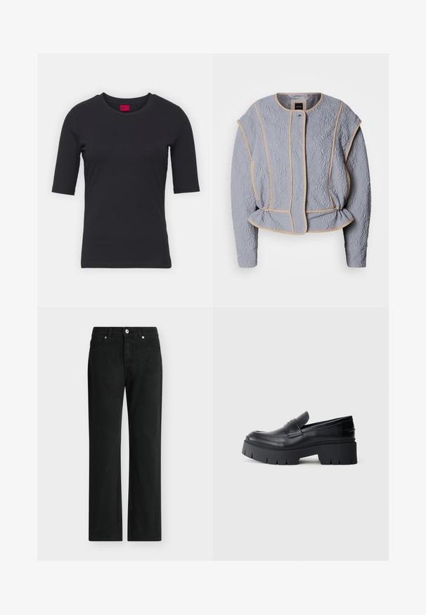 Veste grise matelassée avec texture florale, piping beige, encolure ronde et léger froncé à la taille. Comprend des manches longues et une fermeture à l'avant.; T-shirt noir en coton avec manches courtes, col rond et design minimaliste. Présente une étiquette de marque rouge au niveau du col.; Jean noir droit avec fermeture avant par bouton et zip, design cinq poches et passants pour ceinture.; Mocassin plateforme noir épais avec tige en cuir lisse, sangle décorative et semelle texturée épaisse sur fond blanc.