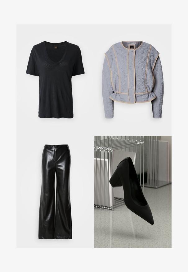 Quiltet grå jakke med blomstermønster, beige pipning, rund udskæring og subtile indsnit i taljen. Har lange ærmer og frontlukning.; Sort kortærmet V-hals T-shirt lavet af blødt stof, med en afslappet pasform og subtile teksturdetaljer på forsiden.; Sorte læder bukser med bred ben, glat tekstur, høj talje og skjult lynlås foran. Skræddersyet pasform med en ren finish.; Sort højhælet sko med spidse tæer og en kraftig hæl, lavet af struktureret læder, svævende over et glat gulv.