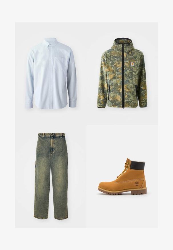 Chaleco de forro polar con un patrón de camuflaje en tonos verdes, marrones y amarillos, cremallera frontal, capucha ajustable y bolsillos laterales con cremallera.; Camisa de manga larga azul claro fabricada en algodón. Presenta un collar con botones, botones frontales y un bolsillo en el pecho del lado izquierdo.; Jeans de denim holgados en un lavado azul y verde descolorido. Presenta un cierre de botón, pasadores para el cinturón y bolsillos laterales. Diseño de frente plano y pierna recta.; Botín de cuero marrón con ojales de metal, forro de piel sintética blanca, cuello acolchado negro, suela resistente y logotipo en relieve en el costado.