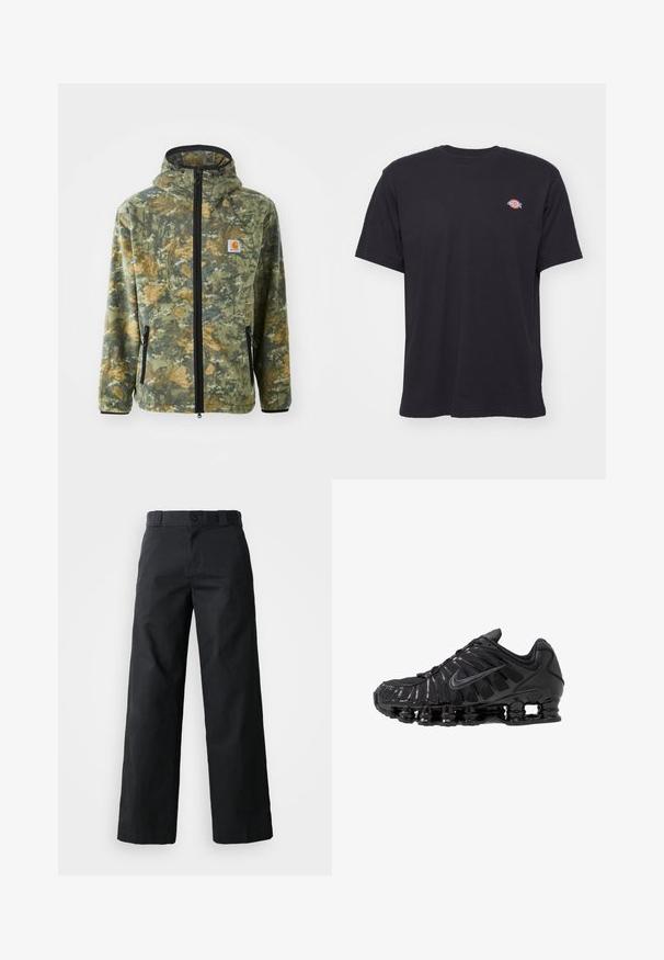 Veste en polaire avec un motif camouflage dans des tons de vert, marron et jaune, fermeture éclair à l'avant, capuche réglable et poches zippées sur les côtés.; T-shirt noir à manches courtes et col rond avec un petit logo Dickies coloré sur la poitrine gauche, sur un fond uni.; Pantalon noir à jambes larges en coton. Doté d'une fermeture à bouton, de passants de ceinture et de poches latérales. Texture lisse avec une coupe ajustée.; Chaussures de sport noires en mesh et matériaux synthétiques, présentant un design ondulé distinct, une semelle en caoutchouc noire et des accents réfléchissants.