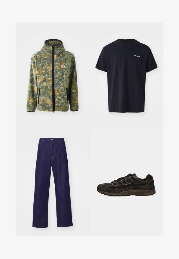 Fleecejacke mit Camouflage-Muster in Grün-, Braun- und Gelbtönen, mit Frontreißverschluss, verstellbare Kapuze und seitlichen Reißverschlusstaschen.; Schwarzes Baumwoll-T-Shirt mit kurzen Ärmeln, Rundhalsausschnitt und einem dezenten weißen Logo im linken Brustbereich. Glatte Textur, normale Passform.; Dunkelblaue Denim-Hosen mit weitem Bein und hoher Taille, ausgestattet mit vorderen Taschen und einem Knopfverschluss, der eine glatte, strapazierfähige Textur zeigt.; Schwarzer Sport Schuh aus Mesh- und Wildledermaterialien, mit einer strukturierten Oberseite, ausgeprägtem Schnürsystem und geschichteter Zwischensohlenkonstruktion.