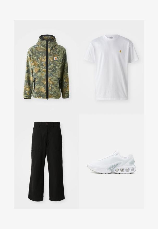 Fleecejacke mit Camouflage-Muster in Grün-, Braun- und Gelbtönen, mit Frontreißverschluss, verstellbare Kapuze und seitlichen Reißverschlusstaschen.; Weißes Baumwoll-T-Shirt mit kurzen Ärmeln, Rundhalsausschnitt, mit einem kleinen goldenen Logo im linken Brustbereich. Weicher Stoff und normale Passform.; Schwarze weit geschnittene Hose aus weichem Stoff, mit Fronttaschen und einem Knopfverschluss an der Taille. Minimalistisches Design ohne sichtbare Muster.; Weißer Mesh-Sneaker mit grauen Akzenten, runder Zehenpartie und sichtbarem, gepolstertem Schuhsohlenbereich mit runden Luftpolstern und Markenlogo.