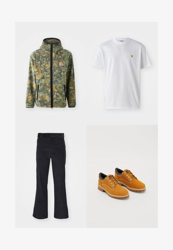 Fleecejakke med camouflage mønster i grønne, brune og gule nuancer, frontlynlås, justerbar hætte og sidelommer med lynlås.; Hvid bomulds t-shirt med korte ærmer, rund hals og et lille guld logo på venstre brystområde. Blød tekstur og almindelig pasform.; Sorte kordfløjl bukser med en afslappet pasform, der har en klassisk talje og flagrende ben, blød tekstur og uden synlige mønstre eller detaljer.; Brune ruskindssko med rund tå, gule snørebånd, en polstret sort krave og gummisåler med skridsikre riller.