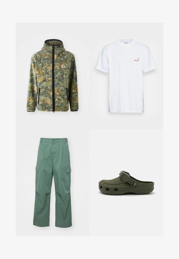 Veste en polaire avec un motif camouflage dans des tons de vert, marron et jaune, fermeture éclair à l'avant, capuche réglable et poches zippées sur les côtés.; T-shirt en coton blanc à manches courtes. Doté d'un petit logo orange et bordeaux sur la poitrine gauche. Présente un col rond classique.; Pantalons cargo verts en coton, avec une coupe ample, des jambes larges et des poches latérales. Le tissu a une texture lisse sans motifs.; Sabot en caoutchouc vert avec sangle réglable et trous de ventilation. Texture lisse, bout arrondi, et semelle surélevée pour le confort.