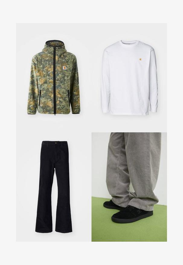 Chaleco de forro polar con un patrón de camuflaje en tonos verdes, marrones y amarillos, cremallera frontal, capucha ajustable y bolsillos laterales con cremallera.; Camiseta de manga larga blanca de algodón. Cuenta con un pequeño logo dorado en el pecho y un cuello redondo. Diseño simple y corte estándar.; Pantalones de algodón negros acampanados con una cinturilla tradicional, un solo botón frontal y bolsillos a los lados y en la parte posterior. Textura suave.; Zapatillas de skate de ante negro con un acabado texturizado y un logo, combinadas con pantalones de pana gris con una textura acanalada. Superficie del suelo en verde.
