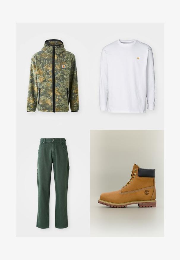 Veste en polaire avec un motif camouflage dans des tons de vert, marron et jaune, fermeture éclair à l'avant, capuche réglable et poches zippées sur les côtés.; T-shirt à manches longues blanc en coton. Présente un petit logo doré sur la poitrine et un col rond. Design simple et coupe standard.; Pantalons cargo verts en mélange coton, avec une coupe droite, des poches et des coutures ton sur ton. Texture lisse avec un éclat subtil.; Bottine en cuir marron avec col noir, lacets jaunes et semelle beige. Présente un logo et des détails de couture blanche. Semelle extérieure à traction robuste.