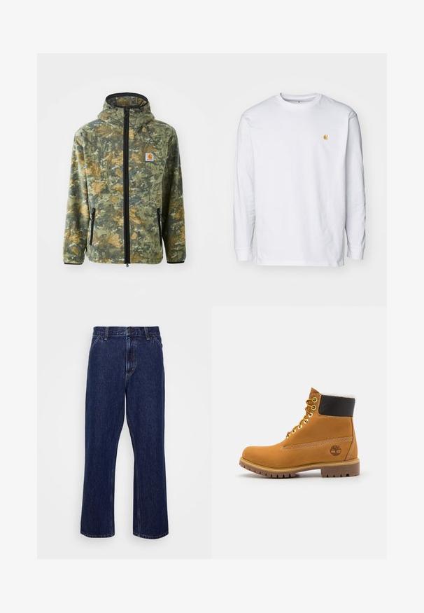 Chaleco de forro polar con un patrón de camuflaje en tonos verdes, marrones y amarillos, cremallera frontal, capucha ajustable y bolsillos laterales con cremallera.; Camiseta de manga larga blanca de algodón. Cuenta con un pequeño logo dorado en el pecho y un cuello redondo. Diseño simple y corte estándar.; Jeans de mezclilla azul oscuro con un diseño de pierna recta, que cuentan con un cierre de botón, estilo de cinco bolsillos y detalles de costura sutiles.; Botín de cuero marrón con ojales de metal, forro de piel sintética blanca, cuello acolchado negro, suela resistente y logotipo en relieve en el costado.