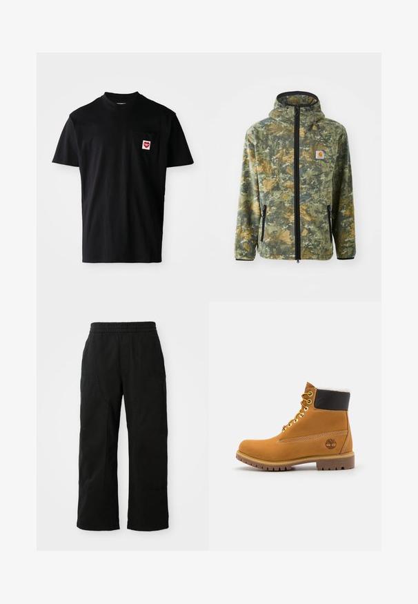 Veste en polaire avec un motif camouflage dans des tons de vert, marron et jaune, fermeture éclair à l'avant, capuche réglable et poches zippées sur les côtés.; T-shirt en coton noir avec un col rond, des manches courtes et une poche sur la poitrine gauche arborant un patch en forme de cœur rouge avec du texte blanc.; Pantalons en coton noir avec une taille élastique, un design à jambes larges et de grandes poches latérales. Le tissu semble doux avec une texture lisse.; Bottine en cuir brun avec œillets en métal, doublure en fourrure blanche, col rembourré noir, semelle robuste et logo en relief sur le côté.