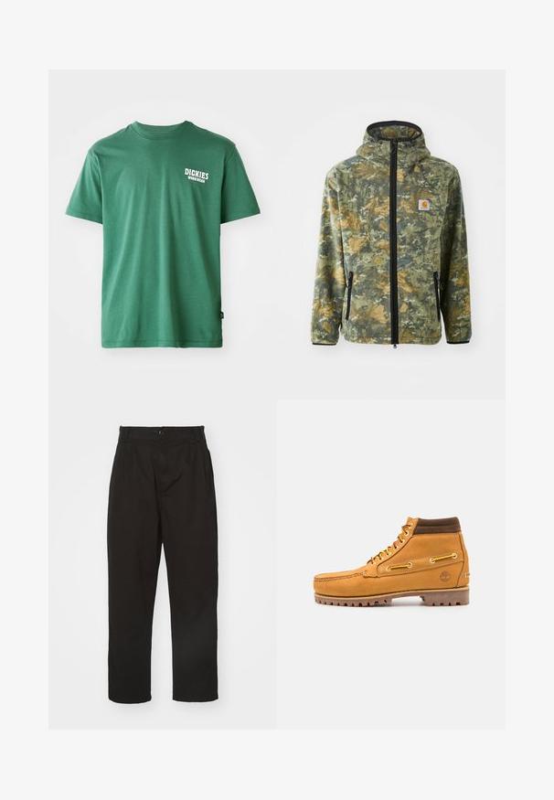Chaleco de forro polar con un patrón de camuflaje en tonos verdes, marrones y amarillos, cremallera frontal, capucha ajustable y bolsillos laterales con cremallera.; Camiseta de algodón verde con cuello redondo, mangas cortas y un logo blanco en el lado izquierdo del pecho. Textura suave y corte relajado.; Pantalones negros de tela suave, con cierre de botón, corte recto y dos pliegues frontales que añaden detalle.; Timberland AUTHENTIC MID LACE BOOT - Botines con cordones - wheat