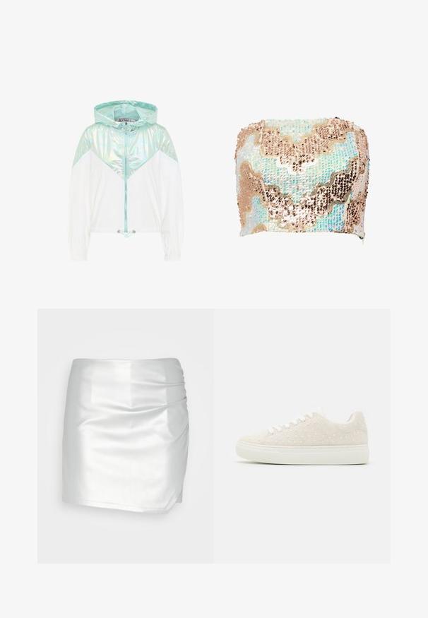 Hvid jakke med iriserende lyseblå hætte og øvre brystpanel, frontlynlås, snøre i taljen og elastiske manchetter på ærmerne.; SOMETHINGNEW SNBABE TUBE SEQUIN CORSET - Top - moonstone; Even&Odd by Zalando Shorts - silver; Beige sneakers med tekstureret overflade, pyntet med små hvide perler, flad hvid gummisål og snørebånd design. Enkel, rund form.