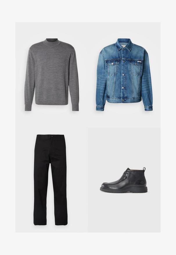 Lyseblå denimjakke med spids krave, knaplukning foran, to brystlommer og lange ærmer med knapper ved manchetterne.; Grå langærmet sweater lavet af strikket materiale, med en høj hals og et subtilt logo på brystet. Glat tekstur og tætsiddende design.; Sorte bukser lavet af bomuld med lige snit, knaplukning og bæltestropper med minimal syningsdetalje.; Sorte læder ankelstøvler med rund tå, snørelukning og en løkke bagpå. Tekstureret overdel og gummisål.