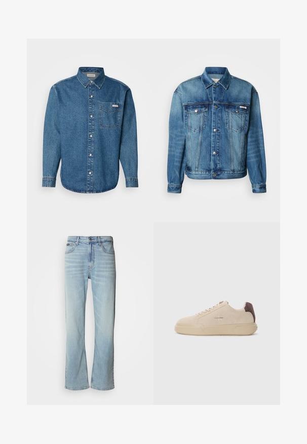 Lyseblå denimjakke med spids krave, knaplukning foran, to brystlommer og lange ærmer med knapper ved manchetterne.; Blå denim langærmet skjorte med button-down krave, brystlomme og kontraststing. Stofstrukturen er glat med en afslappet stil.; Lyseblå denimjeans med lige ben, der har fem lommer, knaplukning og en subtil falmning på stoffet.; Beige ruskind sneakers med rund tå, snørret foran og en brun ruskindsdetalje på hælen. Har en tekstureret gummisål.
