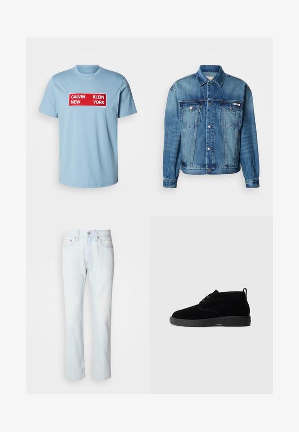 Hellblaue Jeansjacke mit spitzem Kragen, vorderer Knopfleiste, zwei Brusttaschen und langen Ärmeln mit Knopfmanschetten.; Calvin Klein Jeans BOX GRAPHIC TEE - T-Shirt print - smoke blue; Hellblaue Jeans mit geradem Bein. Verfügt über einen Knopfverschluss und Gürtelschlaufen, präsentiert eine ausgebleichte Textur und minimale Nähte.; Schwarze Wildleder-Stiefeletten mit runder Zehenpartie, Schnürdesign, schwarzem Gummisohle und einem Zugband an der Rückseite für einfaches An- und Ausziehen.