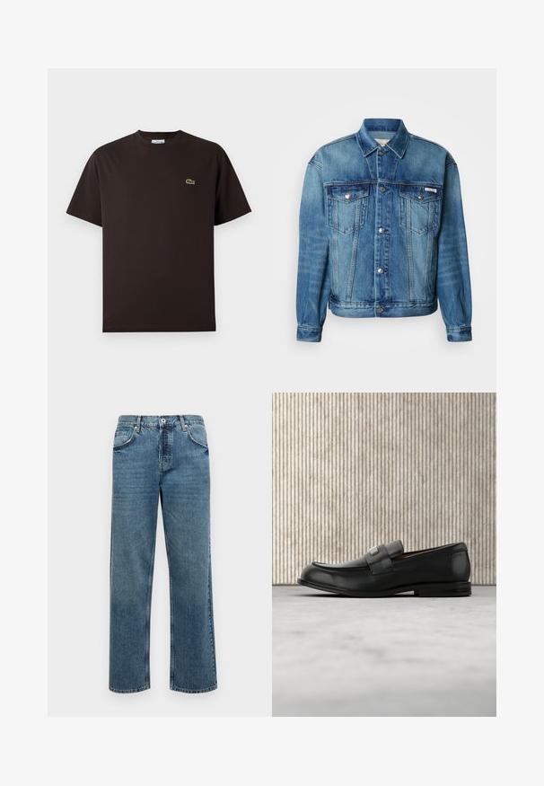 Lichtblauwe spijkerjas met een puntige kraag, knoopsluiting aan de voorkant, twee borstzakken en lange mouwen met knoopmanschetten.; Bruine T-shirt met korte mouwen van katoen. Heeft een subtiele groene geborduurde krokodillogo op de linkerborst. Klassiek ontwerp met ronde hals.; Blauwe denim jeans met een rechte snit, voorzien van vijf zakken, een knoop- en ritssluiting, en zichtbare stikseldetails.; Zwarte leren loafer met een metalen merktekenplaatje, rustend bij een bruine ronde tafel op een beige tapijtvloer.