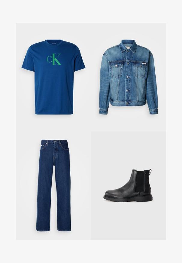 Chaqueta de mezclilla azul claro, con cuello puntiagudo, cierre frontal con botones, dos bolsillos en el pecho y mangas largas con puños abotonados.; Camiseta de algodón azul con un logo verde de "cK". Cuello redondo, mangas cortas, corte regular con textura suave y sin patrones visibles.; Vaqueros de mezclilla azul oscuro con un diseño de pierna ancha, que presentan un cierre de botón y el clásico estilo de cinco bolsillos. La tela tiene una textura suave.; Botas Chelsea de cuero negro con acabado texturizado, paneles laterales elásticos y una suela de goma resistente. Marca sutil en el talón.