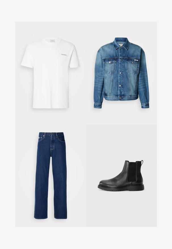 Chaqueta de mezclilla azul claro, con cuello puntiagudo, cierre frontal con botones, dos bolsillos en el pecho y mangas largas con puños abotonados.; Camiseta de algodón blanca con mangas cortas y un escote en forma de cuello redondo. Presenta un pequeño logotipo negro de "Calvin Klein" en el lado izquierdo del pecho.; Vaqueros de mezclilla azul oscuro con un diseño de pierna ancha, que presentan un cierre de botón y el clásico estilo de cinco bolsillos. La tela tiene una textura suave.; Botas Chelsea de cuero negro con acabado texturizado, paneles laterales elásticos y una suela de goma resistente. Marca sutil en el talón.