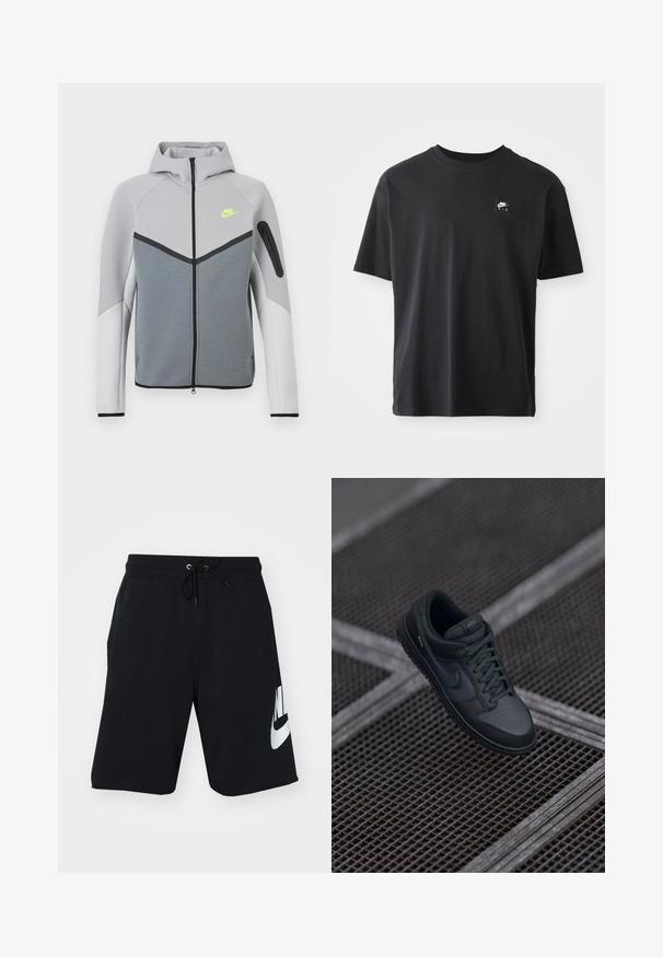 Chaqueta Nike en gris claro y blanco con cremallera frontal, capucha, logo en neón amarillo en el pecho, detalles en negro y bolsillo con cremallera en la manga izquierda.; Camiseta de algodón negra con mangas cortas, cuello redondo, que presenta un pequeño logo rectangular con "NIKE AIR" en blanco en el lado izquierdo del pecho.; Pantalones cortos de algodón negro con cintura elástica y cordón, bolsillos laterales y gran logo blanco de Nike impreso en el muslo izquierdo. Diseño atlético clásico.; Zapatilla Nike de cuero negro con punta redondeada, parte superior perforada y suela de goma texturizada. Incluye cordones y un sutil logo.